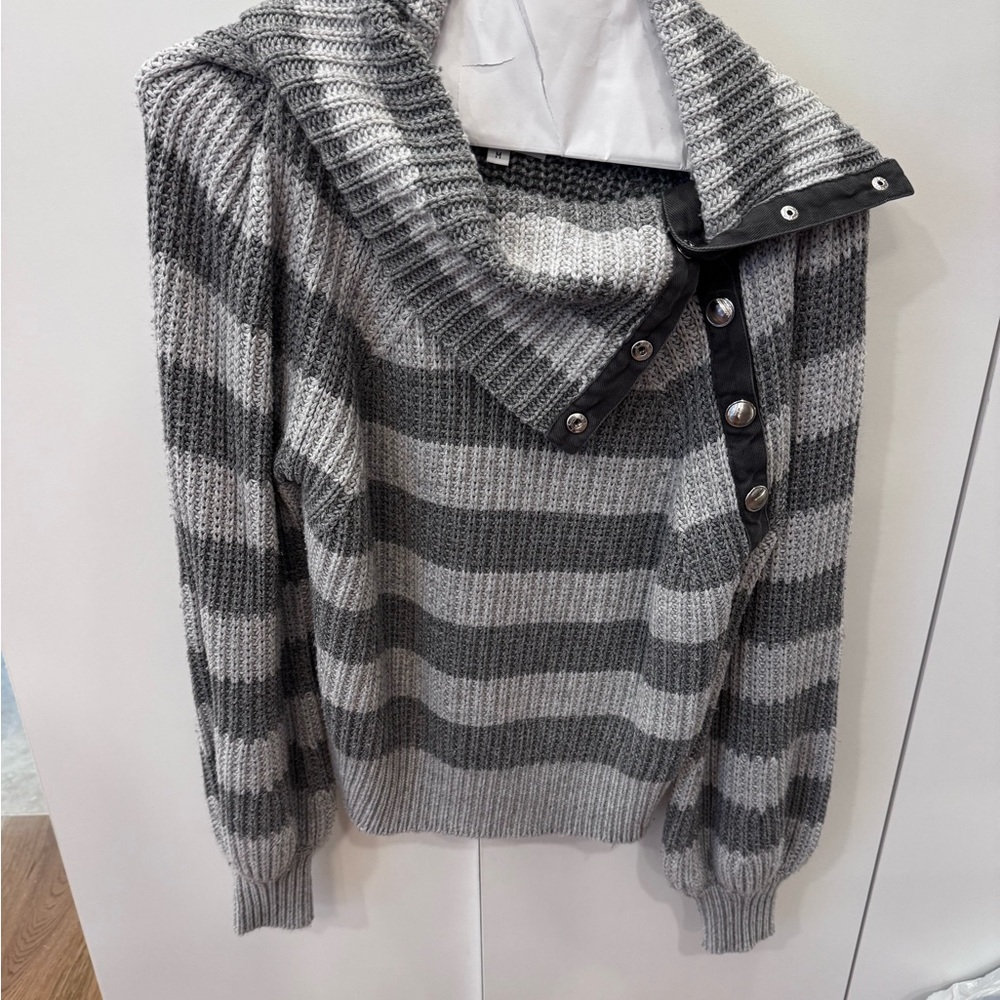 Derek Lam Gray and Black Striped Cowl Neck Sweater